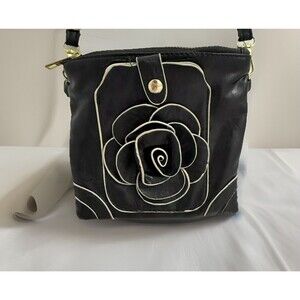 Black Faux Leather Crossbody Bag with 3D Rose Floral Purse